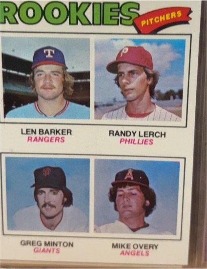 1977 Topps #489 Rookie Pitchers Len Barker / Randy Lerch / Greg Minton / Mike Overy — front