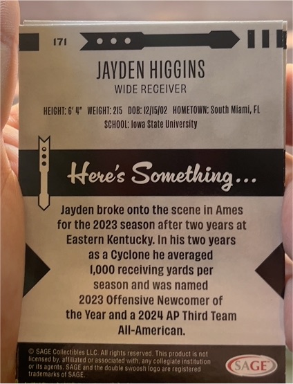 2023 SAGE Collectibles #171 Jayden Higgins — front