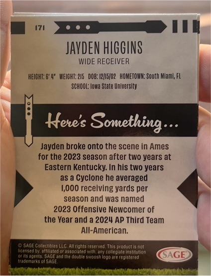 2025 SAGE High Series #171 Jayden Higgins — front