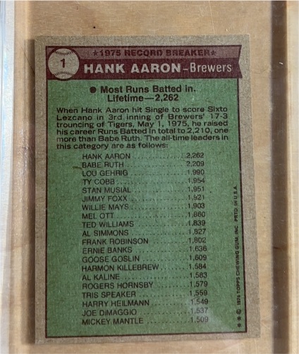 1975 Topps Record Breaker #1 Hank Aaron — front