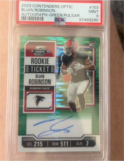 2023 Panini Contenders Optic #103 Bijan Robinson Rookie Ticket Autograph Green Pulsar — front