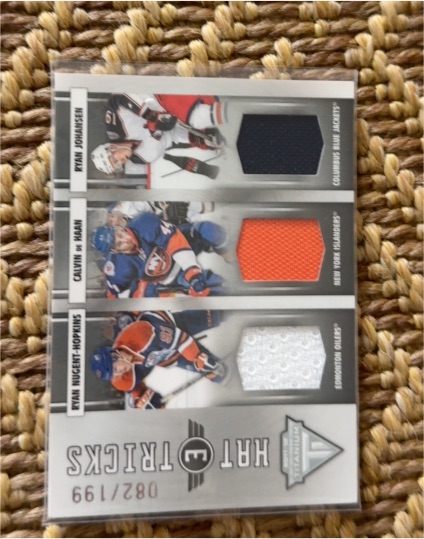 2011-12 Panini Titanium Hat Tricks #082 Ryan Nugent-Hopkins / Calvin de Haan / Ryan Johansen — front