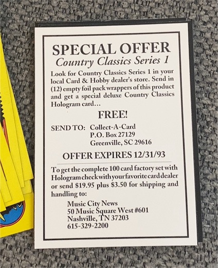 1993 Collect-A-Card Country Classics Series 1 Special Offer Insert — front