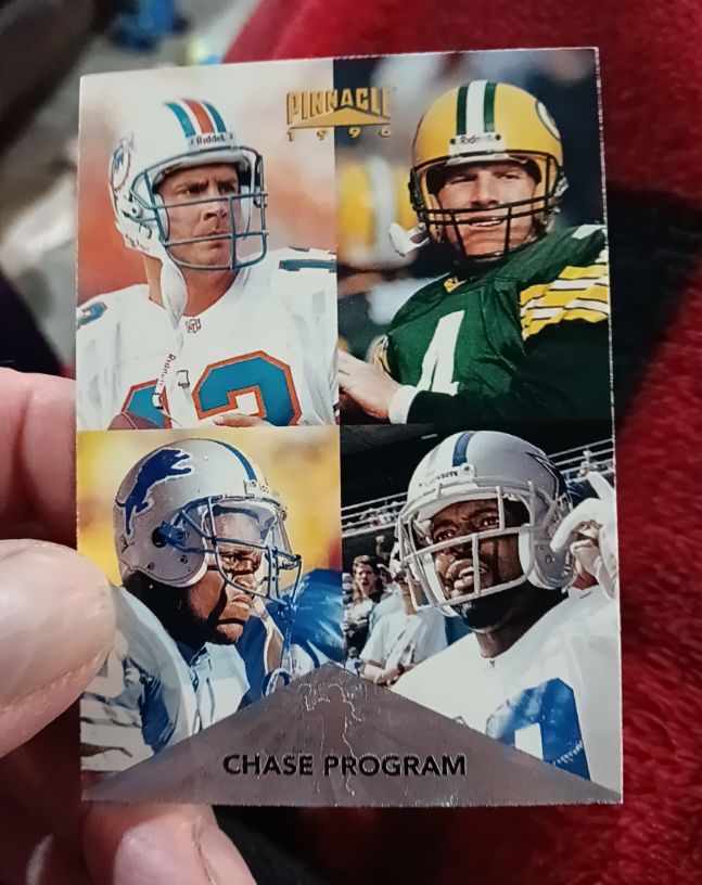 1996 Pinnacle #199 Chase Program Checklist Brett Favre Dan Marino Barry Sanders Emmitt Smith — front