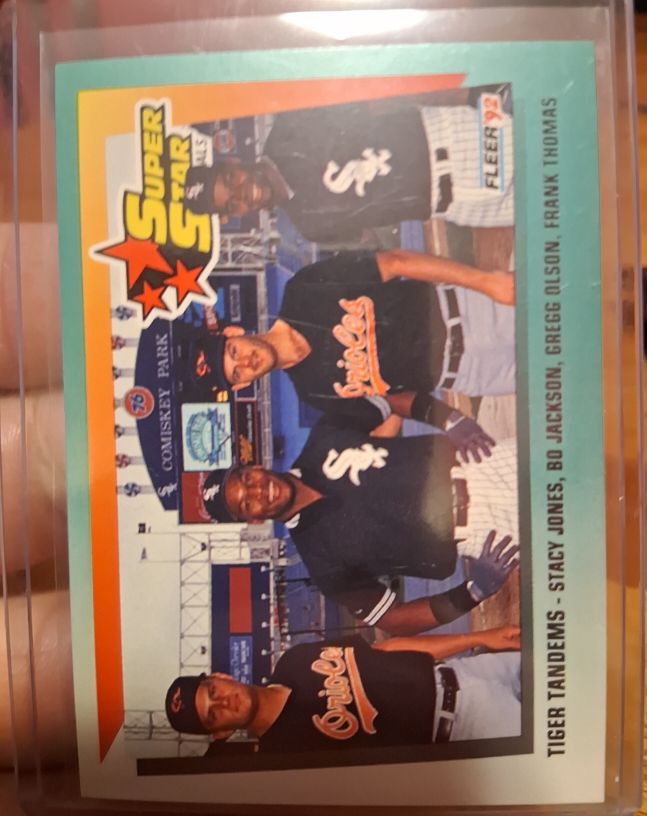 1992 Fleer #701 Tiger Tandems Stacy Jones, Bo Jackson, Gregg Olson, Frank Thomas — front