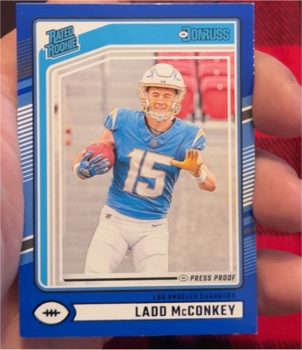 2024 Panini Donruss #328 Ladd McConkey Blue Press Proof Rated Rookie — front