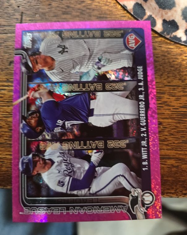 2025 Topps Series 1 #345 AL Batting Average Leaders Bobby Witt Jr. / Vladimir Guerrero Jr. / Aaron Judge — front