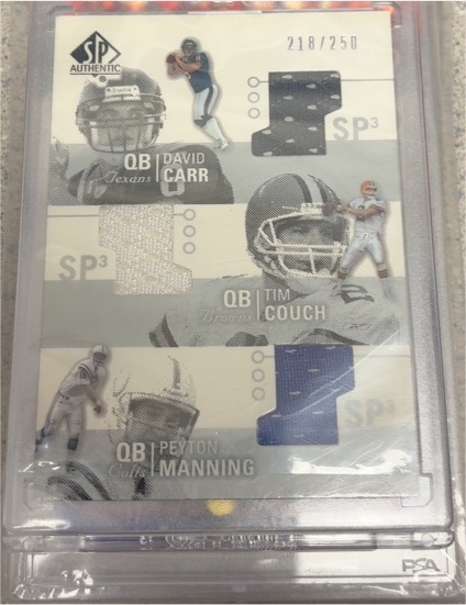 2002 SP Authentic Threads Triples #AT3-CC David Carr/Tim Couch/Peyton Manning — front