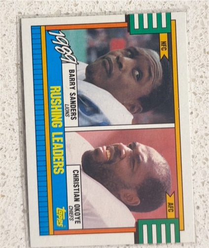 1990 Topps #28 Barry Sanders / Christian Okoye Rushing Leaders — front