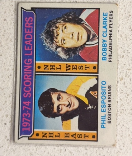 1974-75 Topps #3 1973-74 Scoring Leaders Bobby Clarke / Phil Esposito — front