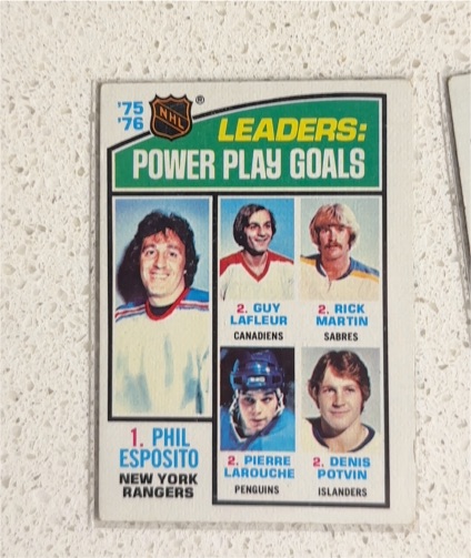 1976-77 Topps #5 Power Play Goals Leaders Phil Esposito — front