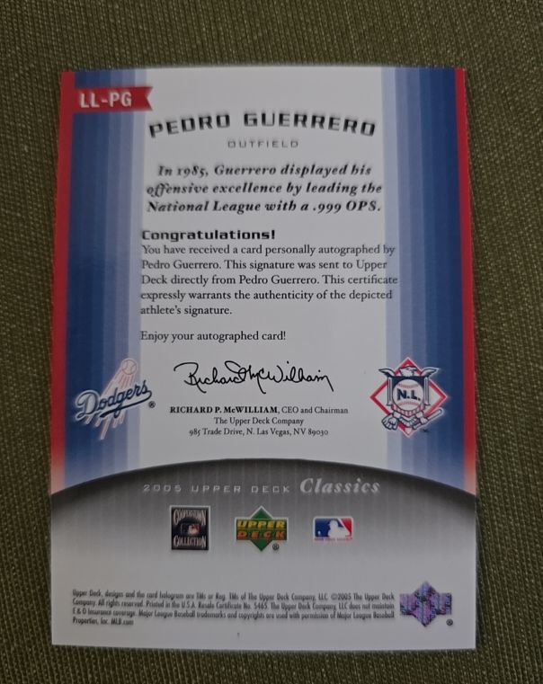 2005 Upper Deck Classics Pedro Guerrero Autograph — front
