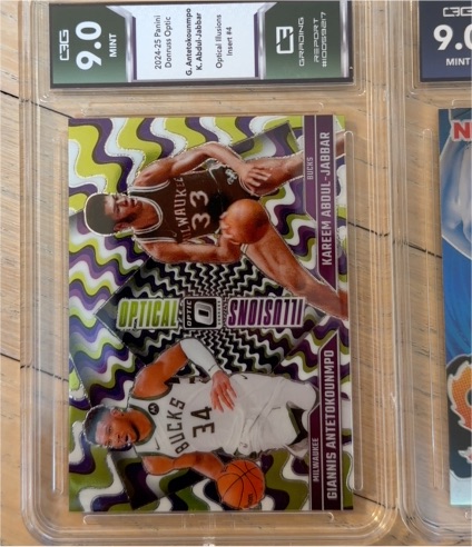 2024-25 Panini Donruss Optic #4 Giannis Antetokounmpo & Kareem Abdul-Jabbar Optical Illusions — front