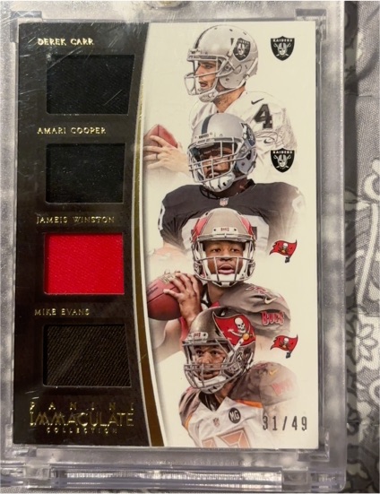 2015 Panini Immaculate Collection Quad Patch #31 Derek Carr Amari Cooper Jameis Winston Mike Evans — front