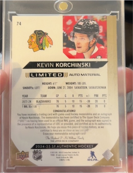 2024-25 SP Authentic Hockey #74 Kevin Korchinski — front