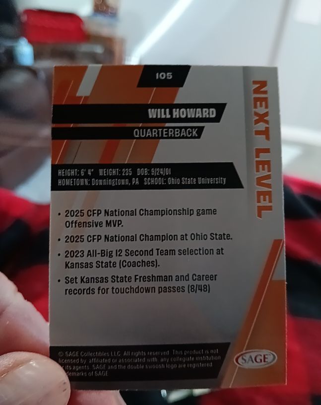 2025 SAGE HIT #105 Will Howard — front
