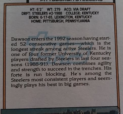 1992 Pittsburgh Steelers #2 Dawson — front