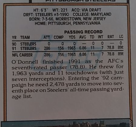 1991 Football O'Donnell Pittsburgh Steelers — front