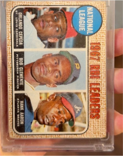 1968 Topps #3 NL RBI Leaders Hank Aaron, Roberto Clemente, Orlando Cepeda — front
