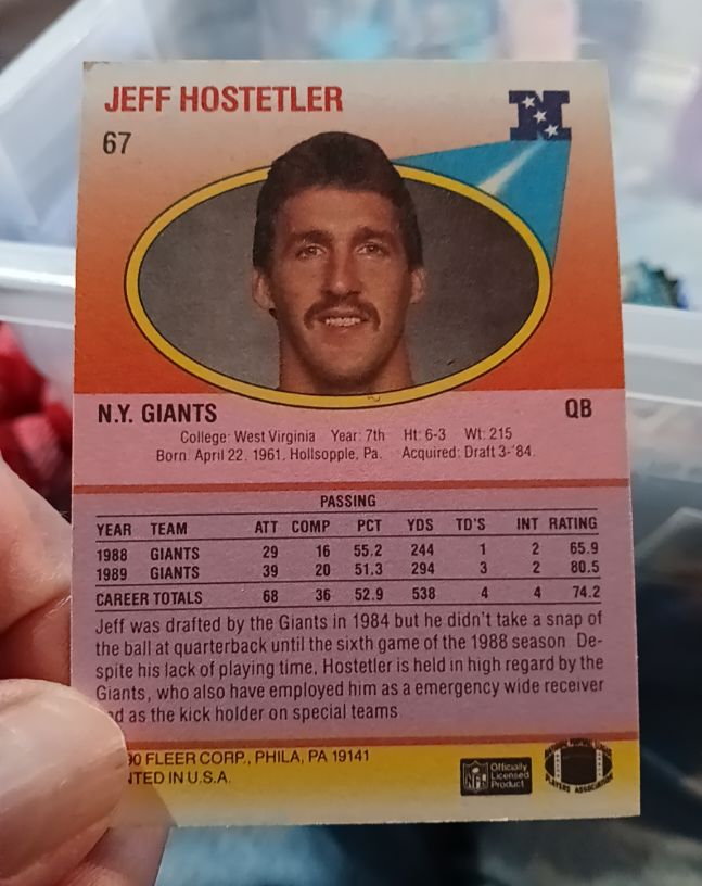 1990 Fleer #67 Jeff Hostetler — front