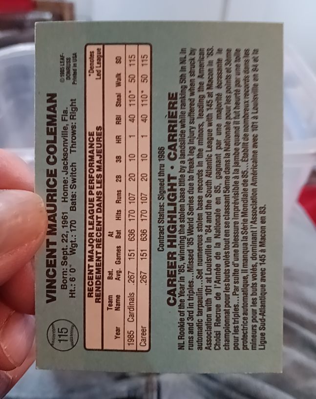 1986 Donruss #115 Vincent Maurice Coleman — front