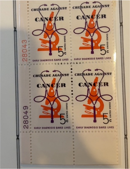1965 Scott #1263 Crusade Against Cancer 5 Cent Plate Block — front