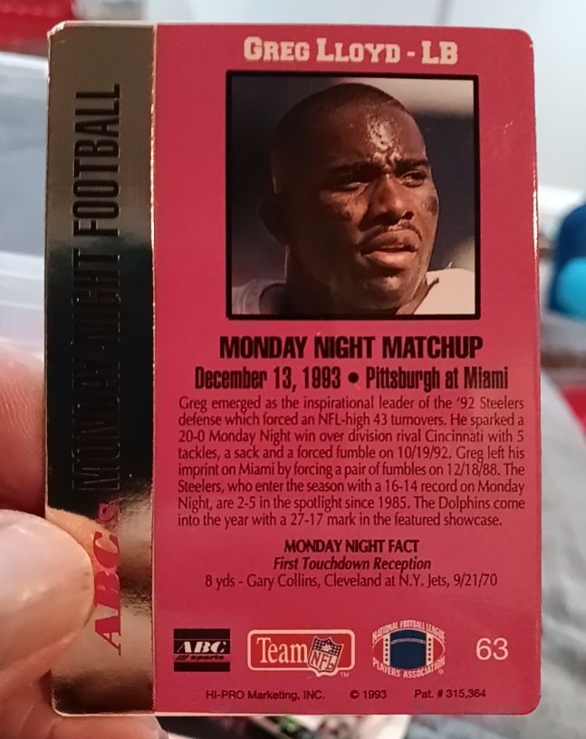 1993 ABC Monday Night Football #63 Greg Lloyd — front
