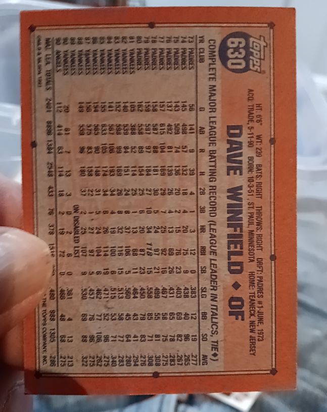 1991 Topps #630 Dave Winfield — front