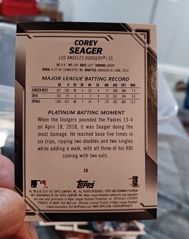 2019 Bowman Platinum #38 Corey Seager — front