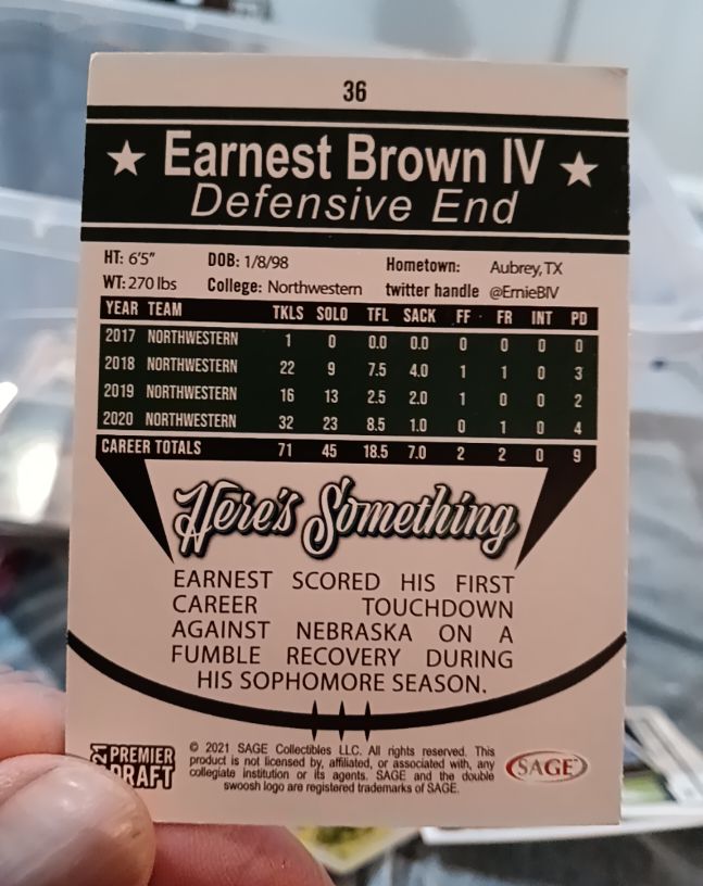 2021 SAGE Premier Draft #36 Earnest Brown IV — front