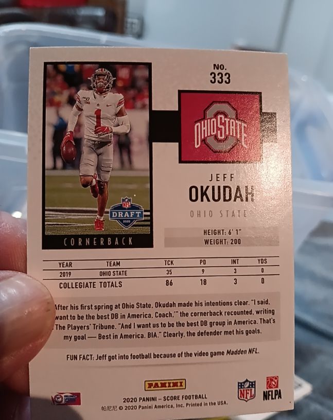 2020 Panini Score #333 Jeff Okudah — front