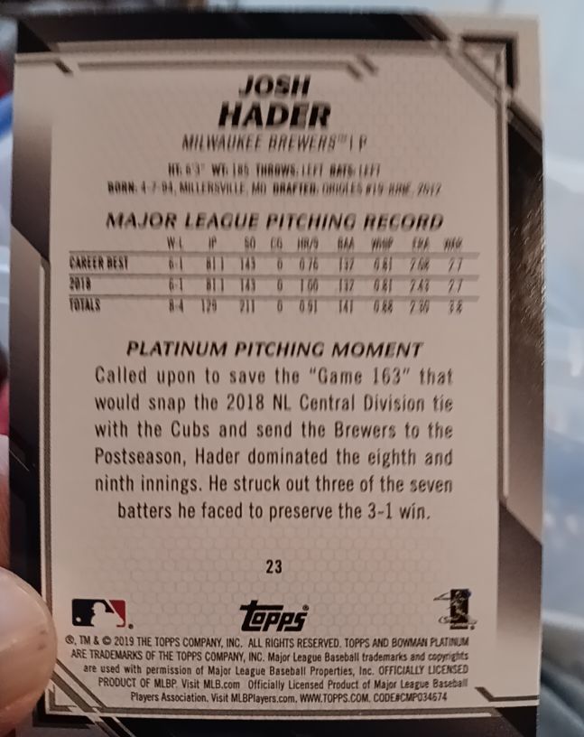 2019 Bowman Platinum #23 Josh Hader — front