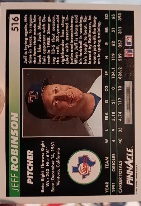 1991 Pinnacle #516 Jeff Robinson — front