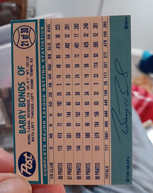 1991 Post #21 Barry Bonds — front