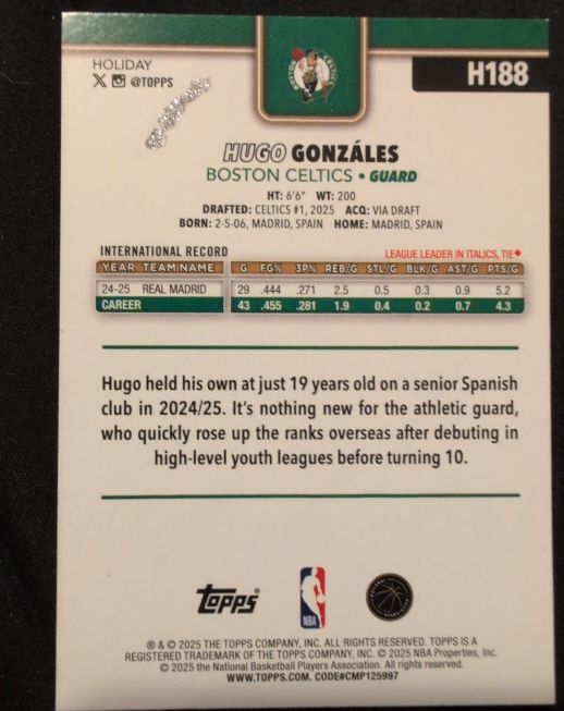 2025-26 Topps Holiday #H188 Hugo Gonzales — front