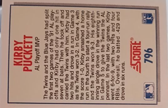 1988 Score #796 Kirby Puckett — front