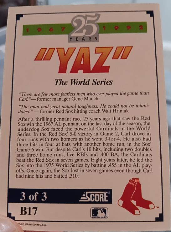 1992 Score #B17 Carl Yastrzemski — front