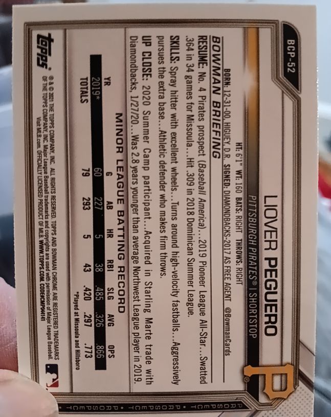 2021 Bowman Chrome Prospects #BCP-52 Liover Peguero — front