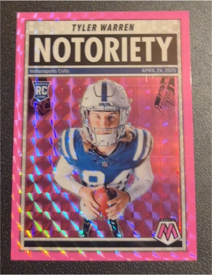 2025 Panini Mosaic #25 Tyler Warren Notoriety Pink Fluorescent Prizm RC — front