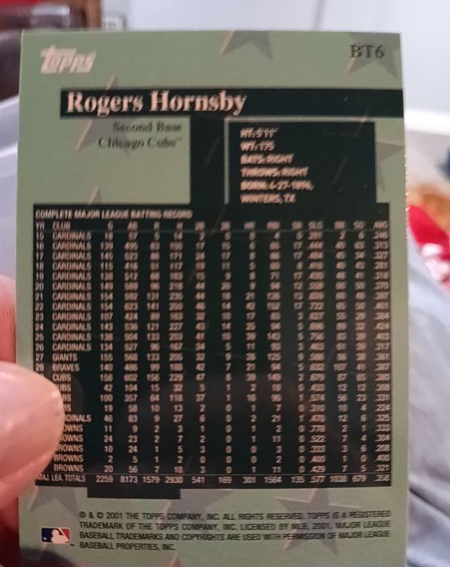 2001 Topps #BT6 Rogers Hornsby — front