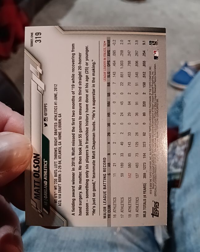 2020 Topps Series One #319 Matt Olson — front