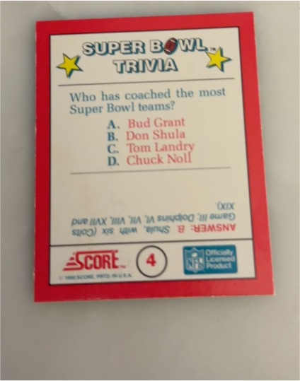1990 Score The MVPs Mini Super Bowl Trivia #4 Don Shula — front