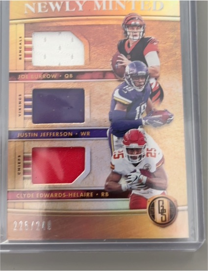 2020 Panini Gold Standard Newly Minted Triple Patch Joe Burrow Justin Jefferson Clyde Edwards-Helaire — front
