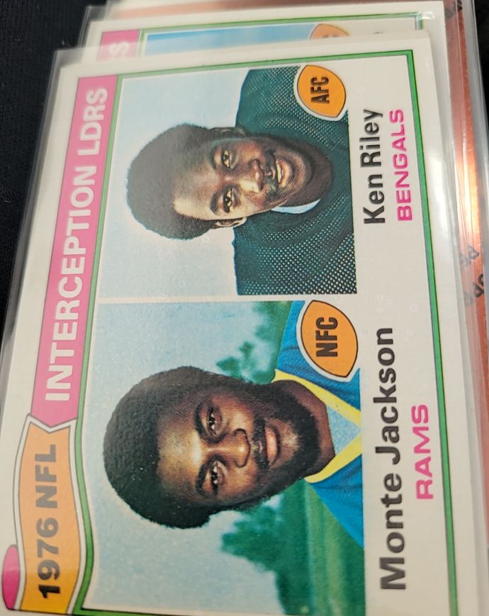 1977 Topps #5 1976 NFL Interception Leaders Monte Jackson / Ken Riley — front
