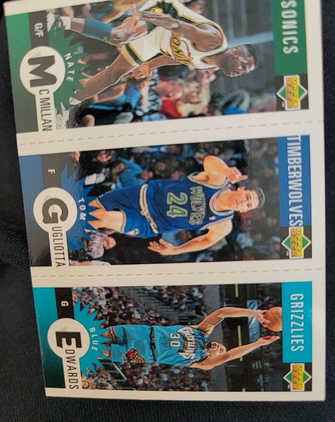 1996-97 Upper Deck Choice Mini-Cards #M86 Nate McMillan/Tom Gugliotta/Blue Edwards — front