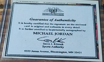 Michael Jordan Autograph Sports Authority COA — front