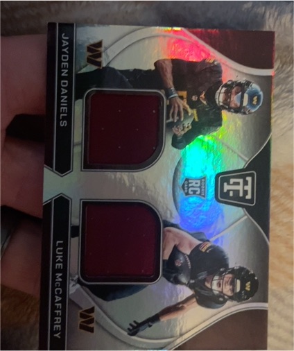 2024 Panini Totally Certified #RDS-WAS Jayden Daniels / Luke McCaffrey Rookie Dual Patch — front