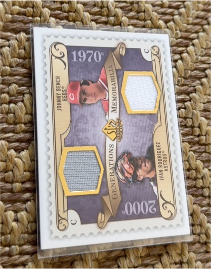 2009 SP Legendary Cuts Generations Memorabilia #GM-JBIR Johnny Bench & Ivan Rodriguez — front