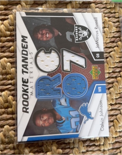 2007 Upper Deck Rookie Tandem Materials #RTM-JR Calvin Johnson JaMarcus Russell — front