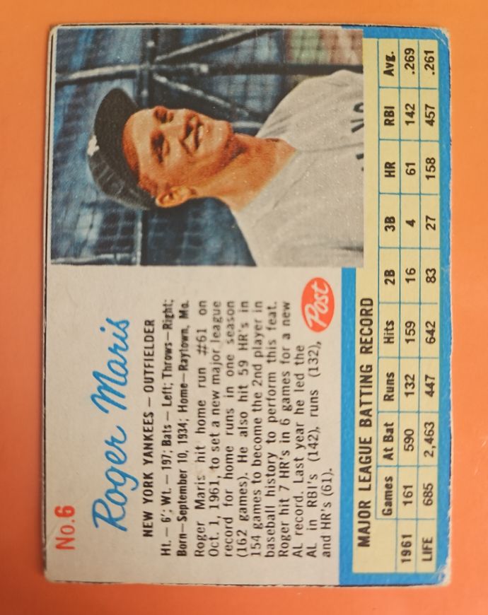1962 Post Cereal #6 Roger Maris — front